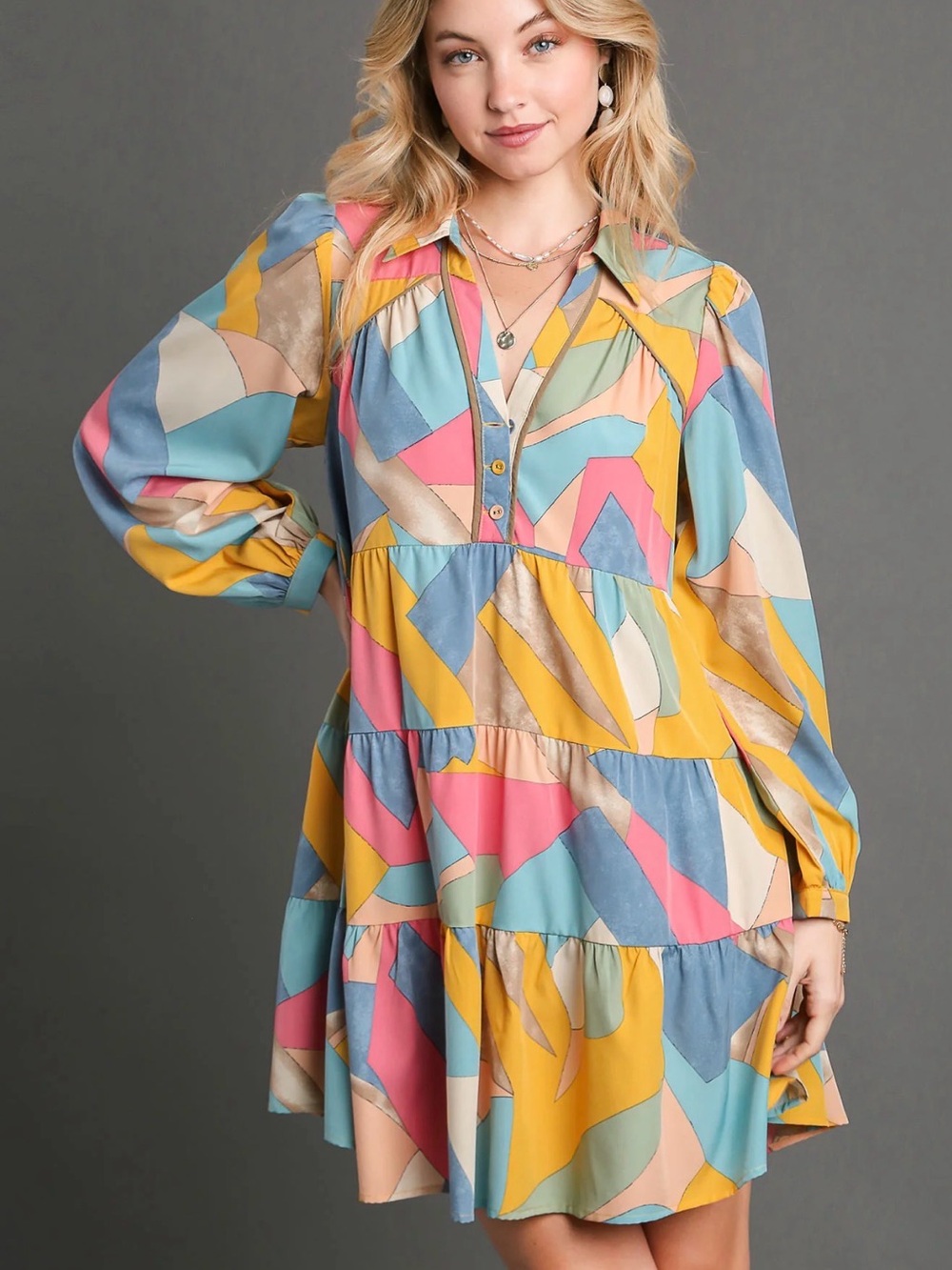 Umgee Abstract V-Neck Tiered Button-Front Printed Dress